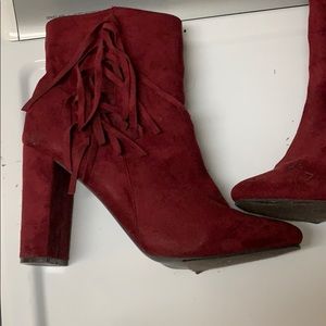 Burgundy fringe booties